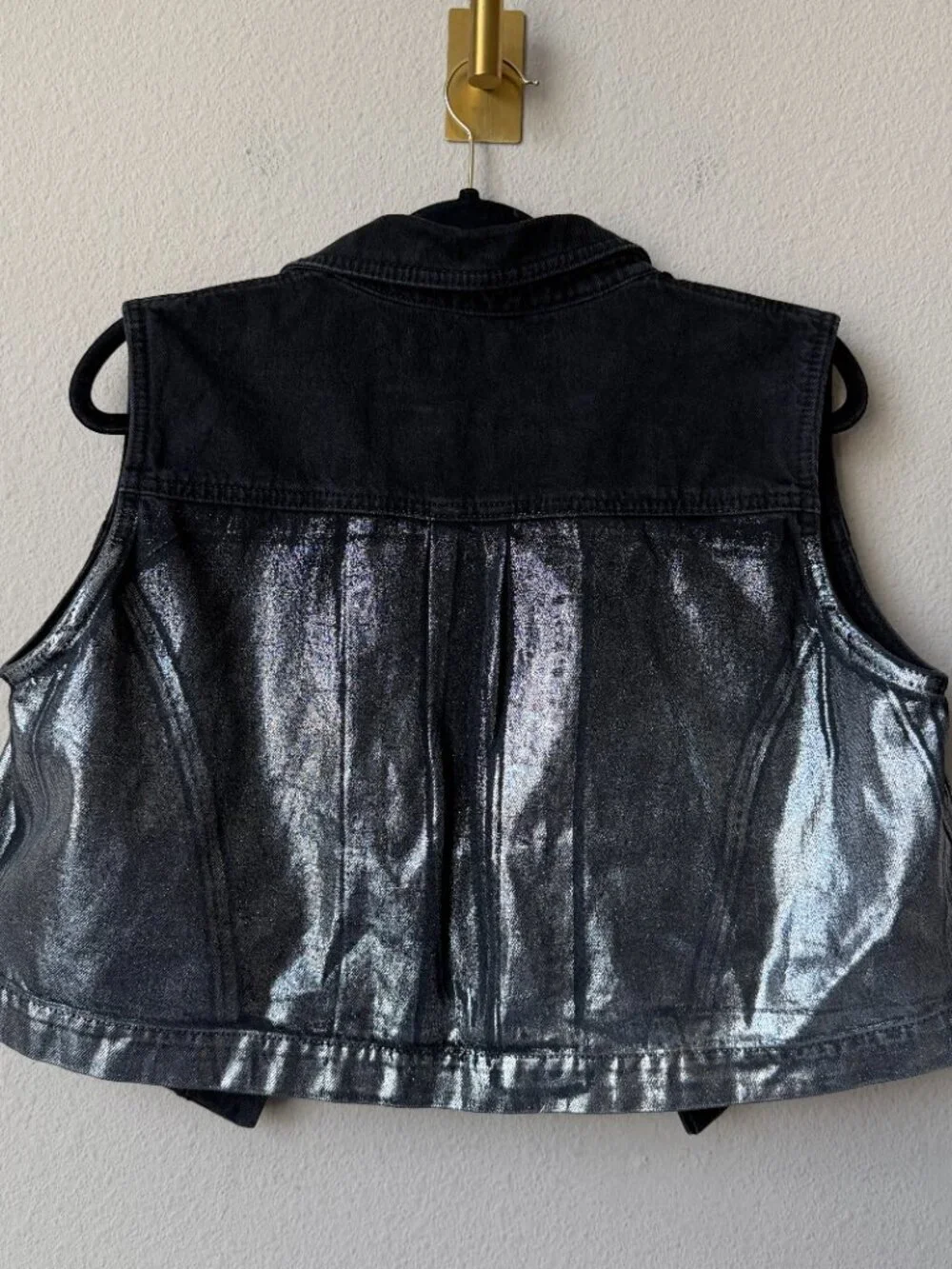 ZARA Black Silver Metallic Coated Cropped Denim Vest Size L